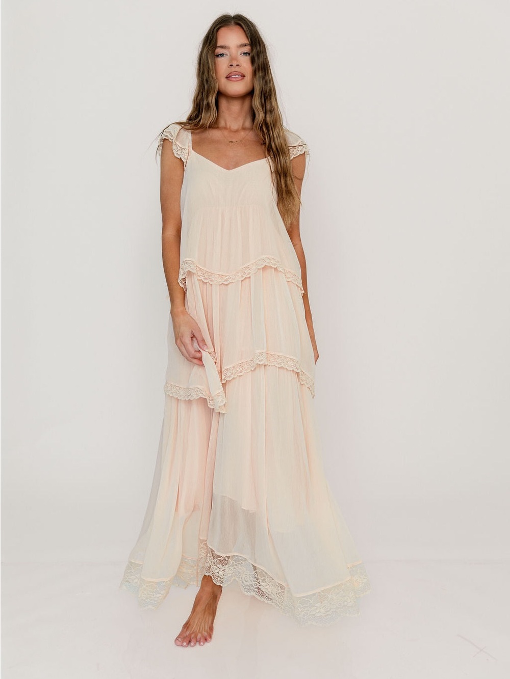 Bohemian Lace-Trim Maxi Dress - pale pink